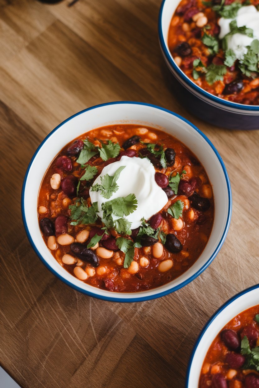 An indoor kitchen island with a vibrant bowl of three-bean chili—kidney, black, and cannellini—crowned with sour cream and chopped cilantro. No text or logos on any dishes.