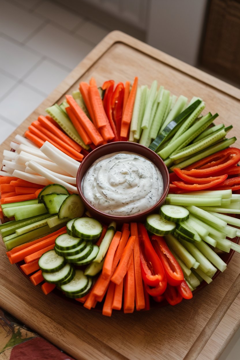 Indoor platter arranged with colorful raw vegetables—carrot sticks, cucumber rounds, bell pepper strips—surrounding a central bowl of creamy herb ranch dip. No text or logos.