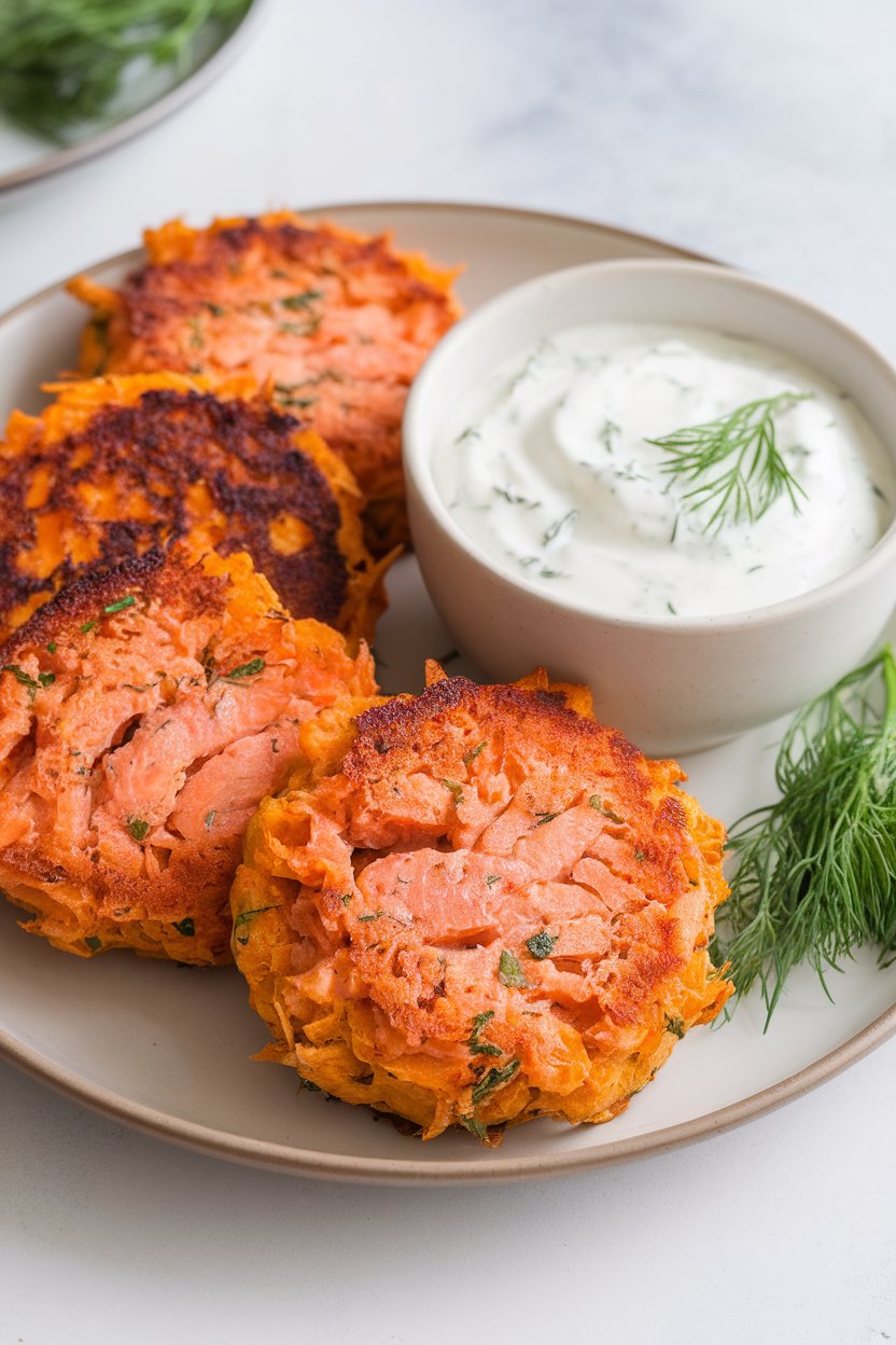 Indoor photo of golden salmon–sweet potato cakes on a plate with yogurt-dill dipping sauce. No text or logos.