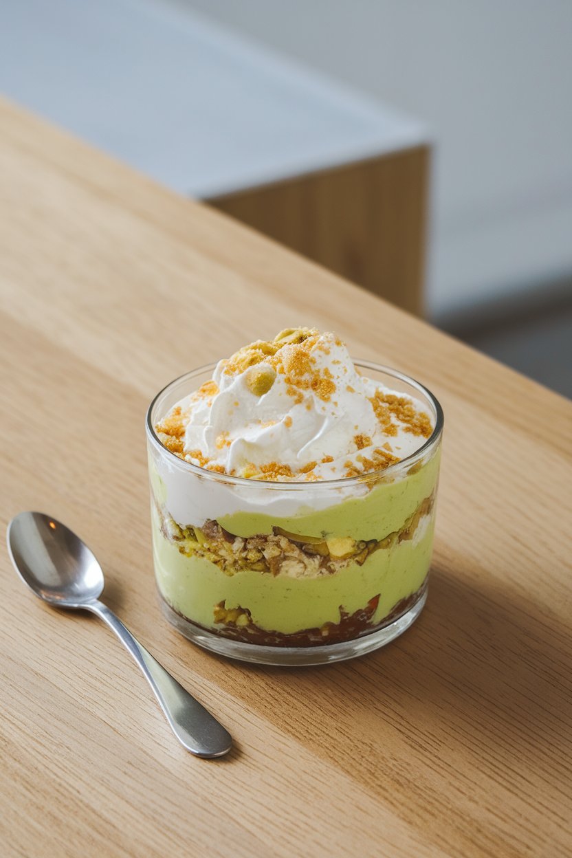 A wooden indoor table with clear glasses layered with pistachio pudding, whipped cream, and crushed nuts, a spoon resting beside, no text or logos. Photo only.