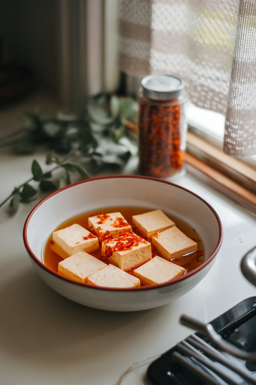 Photo prompt: Indoor counter with tofu cubes shimmering in red-tinted garlic-chili oil, chili flakes visible. No text or logos.