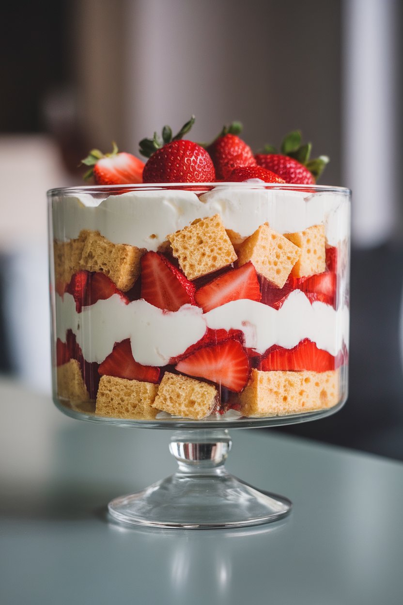 Glass trifle dish on indoor table layered with diced protein sponge cake, strawberries, and whipped Greek yogurt cream. No text or logos; photo only.