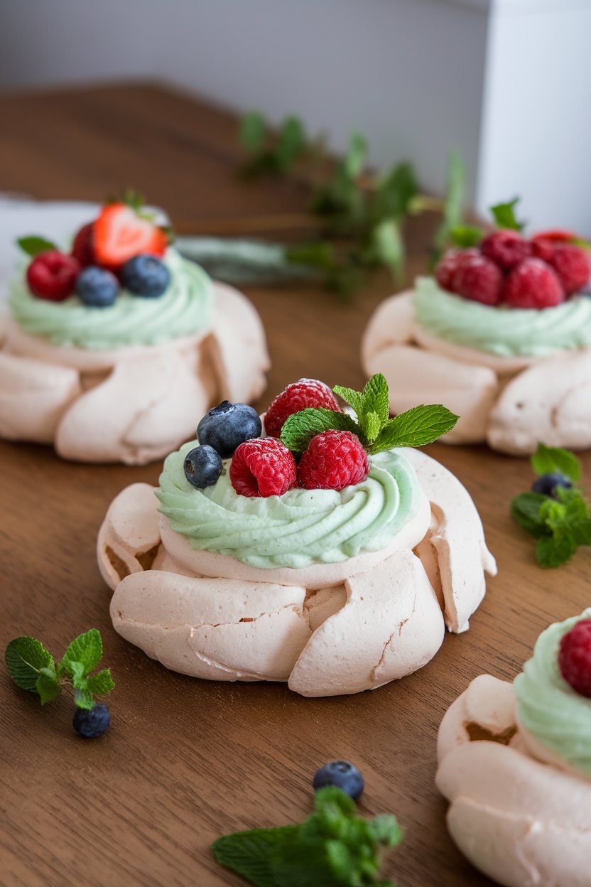 Individual pavlova nests indoors with pale green mint cream swirled through the crisp shells, topped with fresh berries. No text or logos.