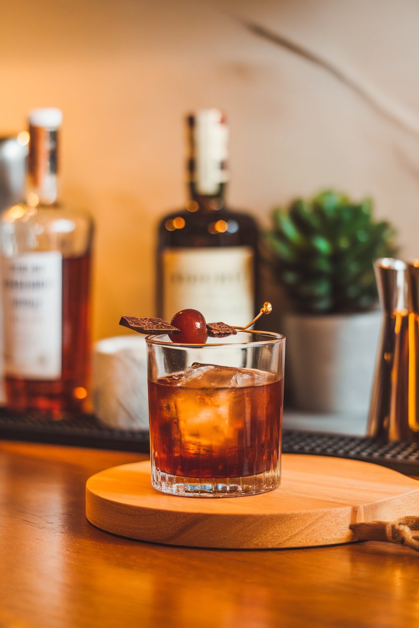 Indoor bar photo of a rocks glass with dark amber cocktail, ice cube, and Luxardo cherry plus chocolate shaving; no logos or text.