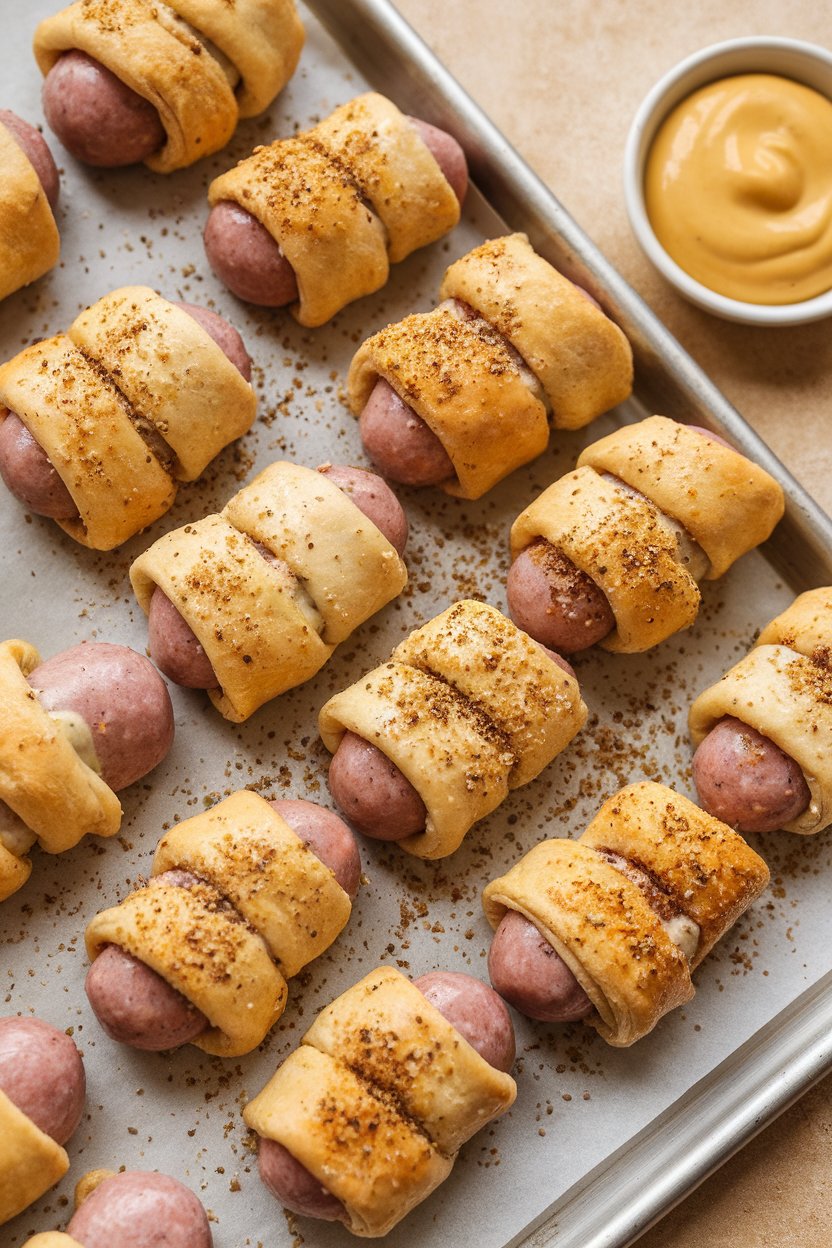 Indoor baking sheet of mini sausages wrapped in crescent dough, flecked with everything bagel seasoning, small mustard dish nearby. No text or logos.