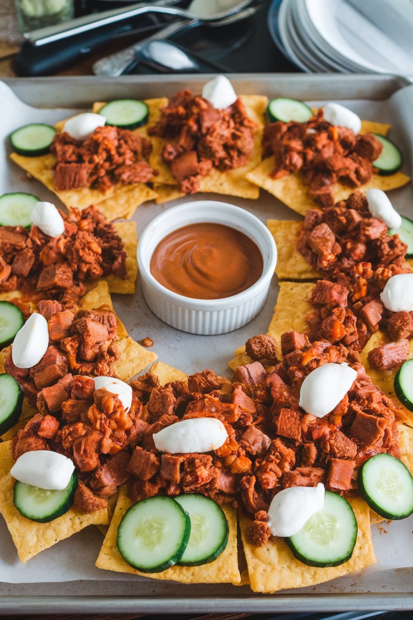 Sheet pan indoors featuring nachos with peanut-sauce pork, mozzarella, and sliced cucumbers; no text or logos, photo not illustration.
