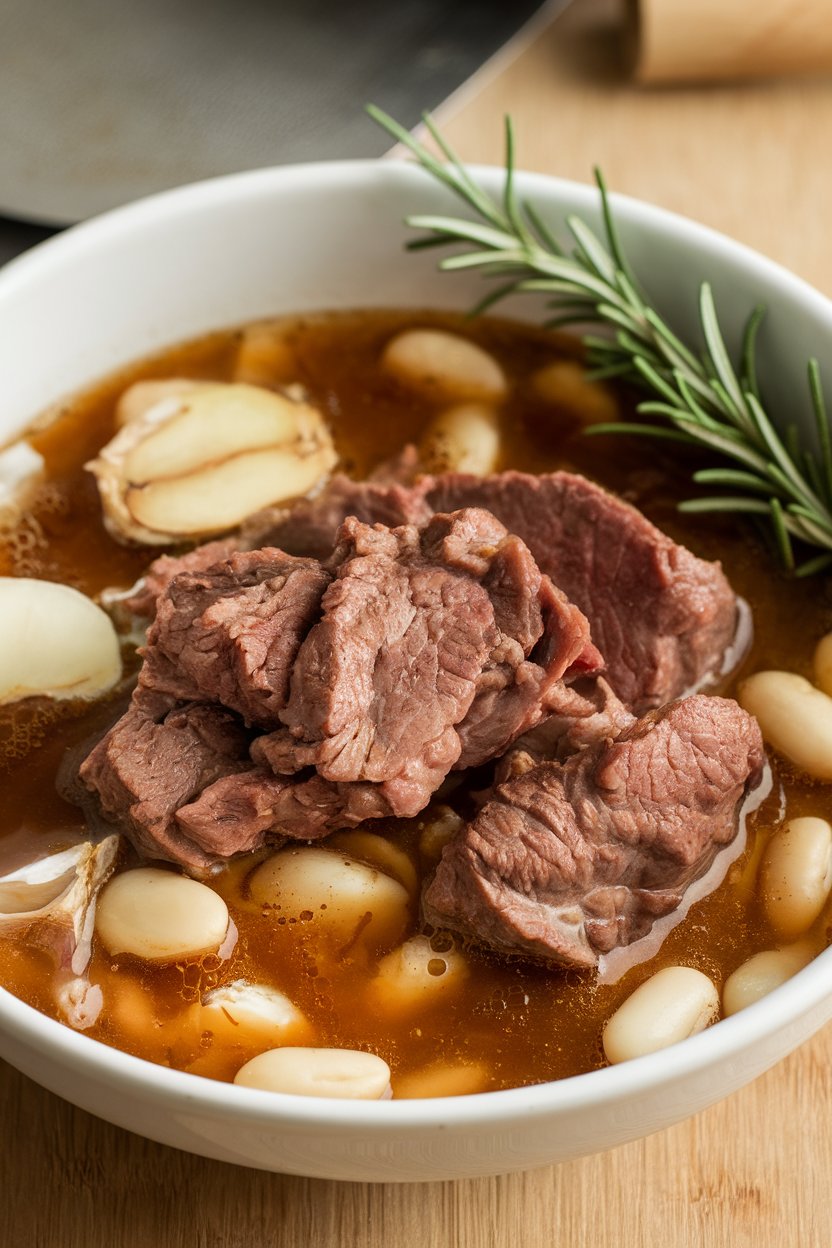 Indoor bowl of beef with tender white beans in rosemary-scented broth, garlic cloves visible. No text or logos.