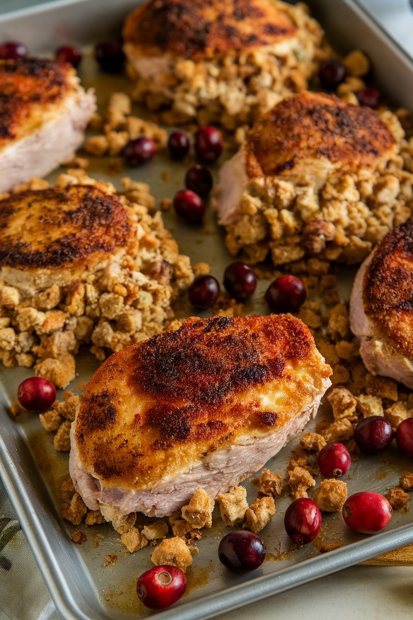 Sheet pan with breadcrumb stuffing mounds and browned turkey cutlets, cranberries sprinkled nearby; photographed indoors. No logos or text.