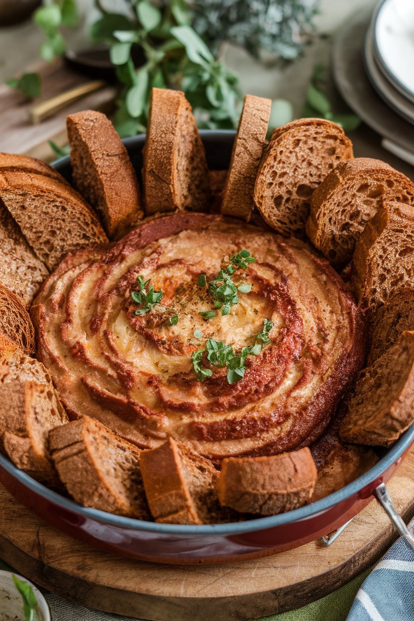 Indoor photo of a bubbling baking dish of creamy Reuben dip with rye toasts arranged around. No text or logos.