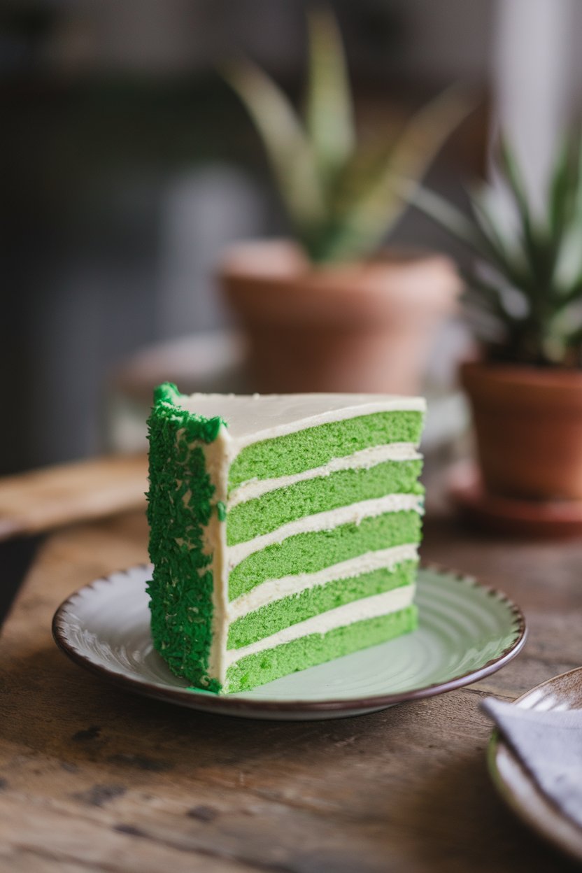 A tall slice of green velvet layer cake with cream-cheese frosting on an indoor dessert plate, bright cake layers contrasting against the white icing. No text or logos.