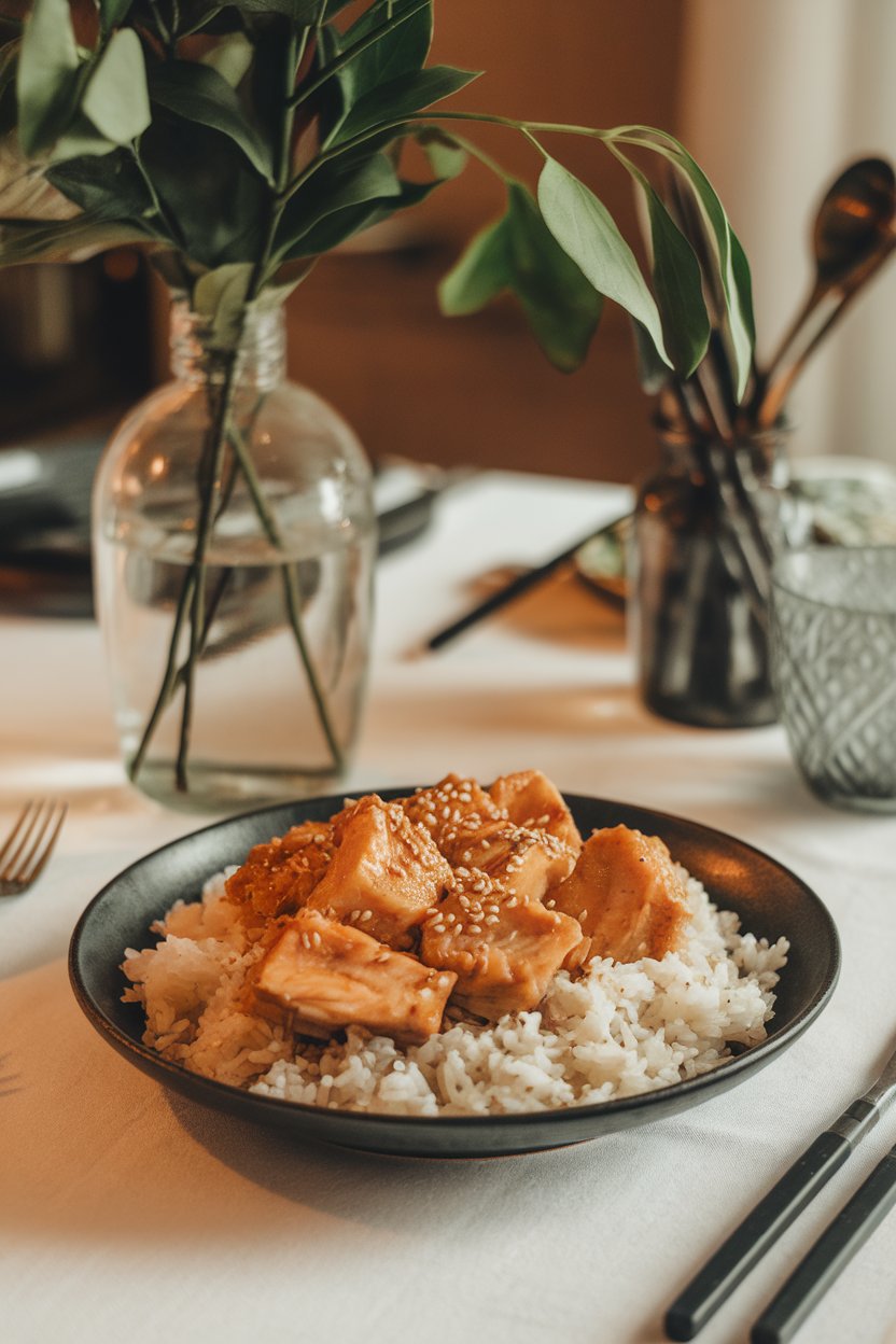 An indoor dining table with chunks of pineapple teriyaki chicken over jasmine rice, sesame seeds sprinkled on top. No text or logos. Photo.