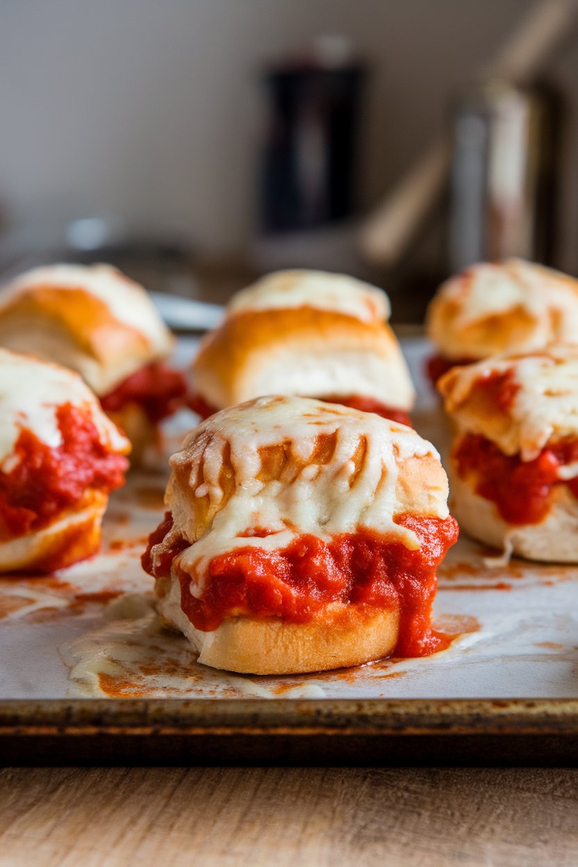 Photo of mini chicken parm sliders topped with marinara and mozzarella on an indoor baking sheet, cheese melted, no text or logos