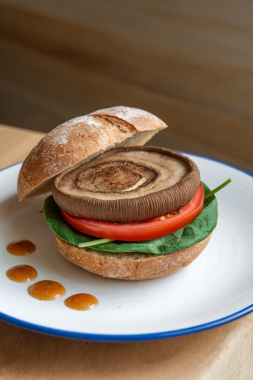 Indoor photo of a plate with a seared portobello cap on a whole-grain bun, layered with tomato slice and spinach. No text or logos.