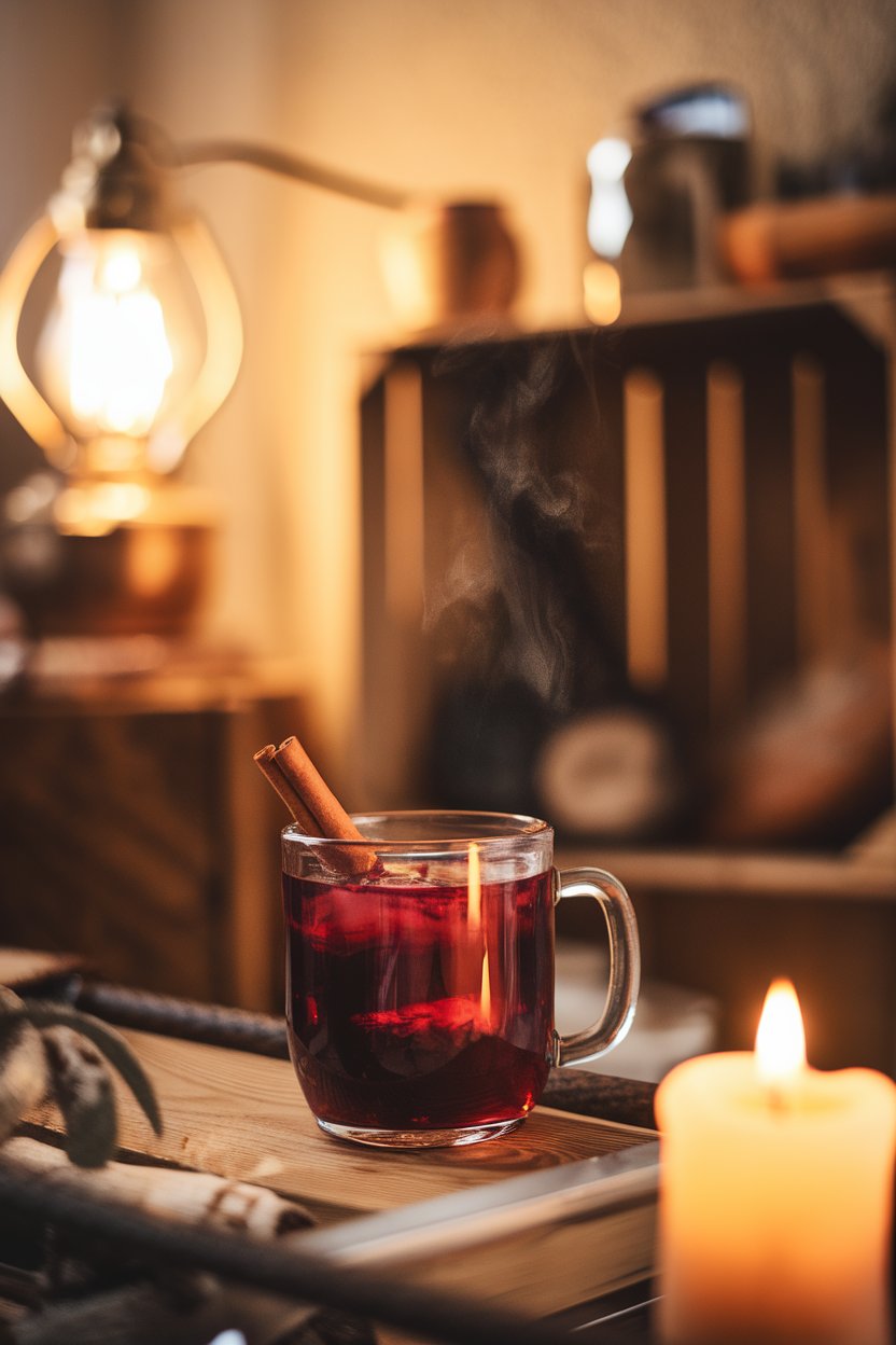 A cozy indoor fireside scene with a clear glass mug of deep-crimson toddy, cinnamon stick inside, steam rising; photo, not illustration; no text or logos.