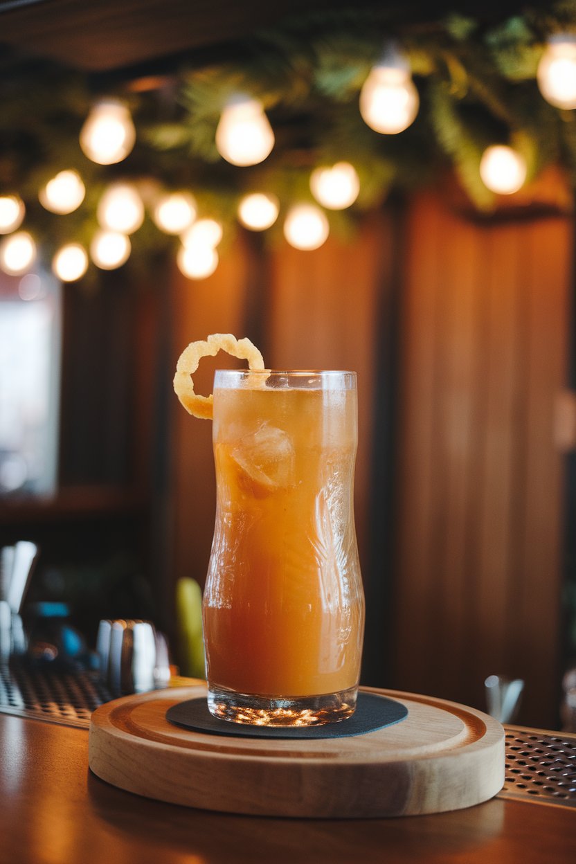 Photo of a high hurricane glass indoors filled with amber cocktail, candied ginger wheel garnish, glowing tiki bar lights, no text or logos
