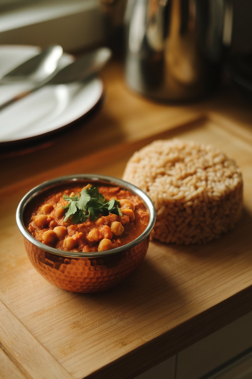 A warm indoor countertop with a small copper bowl of garbanzo curry in a thick tomato sauce, garnished with cilantro, next to a mound of brown basmati rice. No text or logos. Photo only.