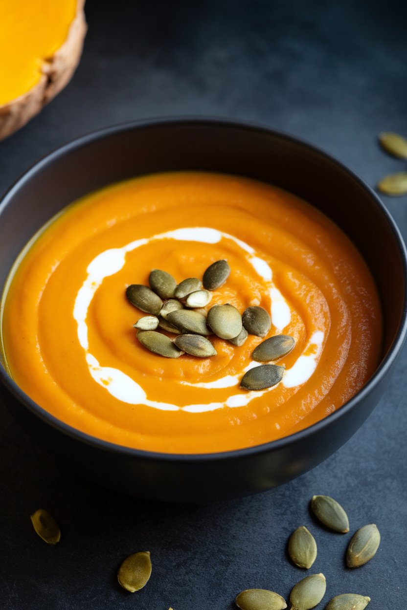 Indoor photo of velvety orange butternut squash soup in a modern black bowl, garnished with toasted pumpkin seeds and a drizzle of cream; no logos or text.