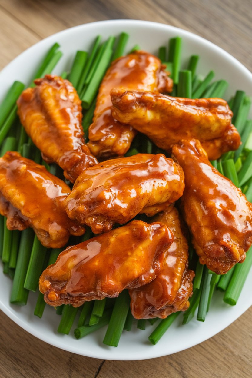 Indoor photo of glazed chicken wings coated in a shiny maple sriracha sauce, garnished with green onion; no text or logos