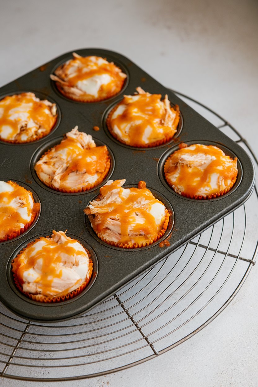 An indoor muffin tin holding egg muffins dotted with shredded chicken and orange sauce, cooling on a wire rack. No text or logos. Photo, not illustration.
