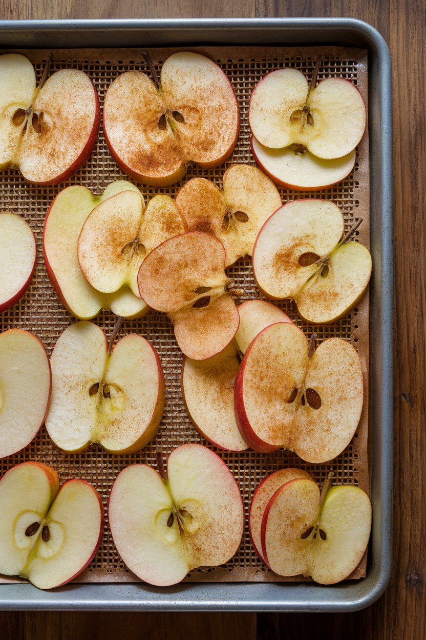 An indoor dehydrator tray or oven sheet with thin apple slices dusted with cinnamon, baked until crisp; no logos.
