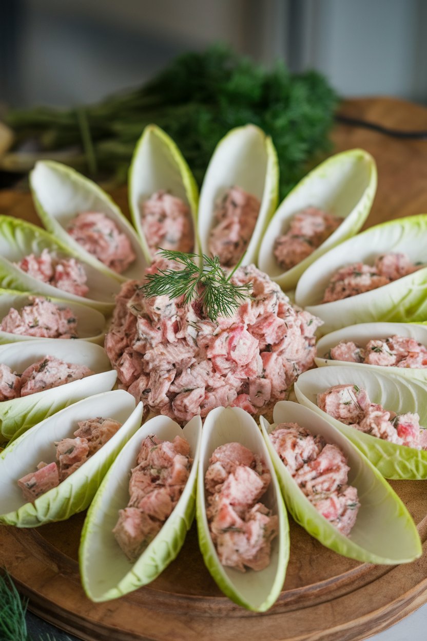 Indoor platter of endive leaves filled with tuna salad, garnished with dill, no text or logos