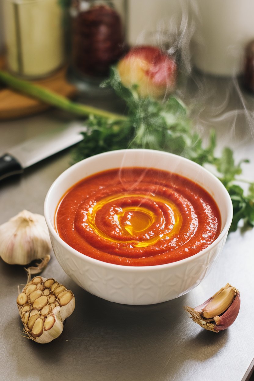 An indoor kitchen counter holding a steaming bowl of velvety tomato soup, a swirl of olive oil on top, and roasted garlic cloves beside the bowl. No text or logos; photo only.
