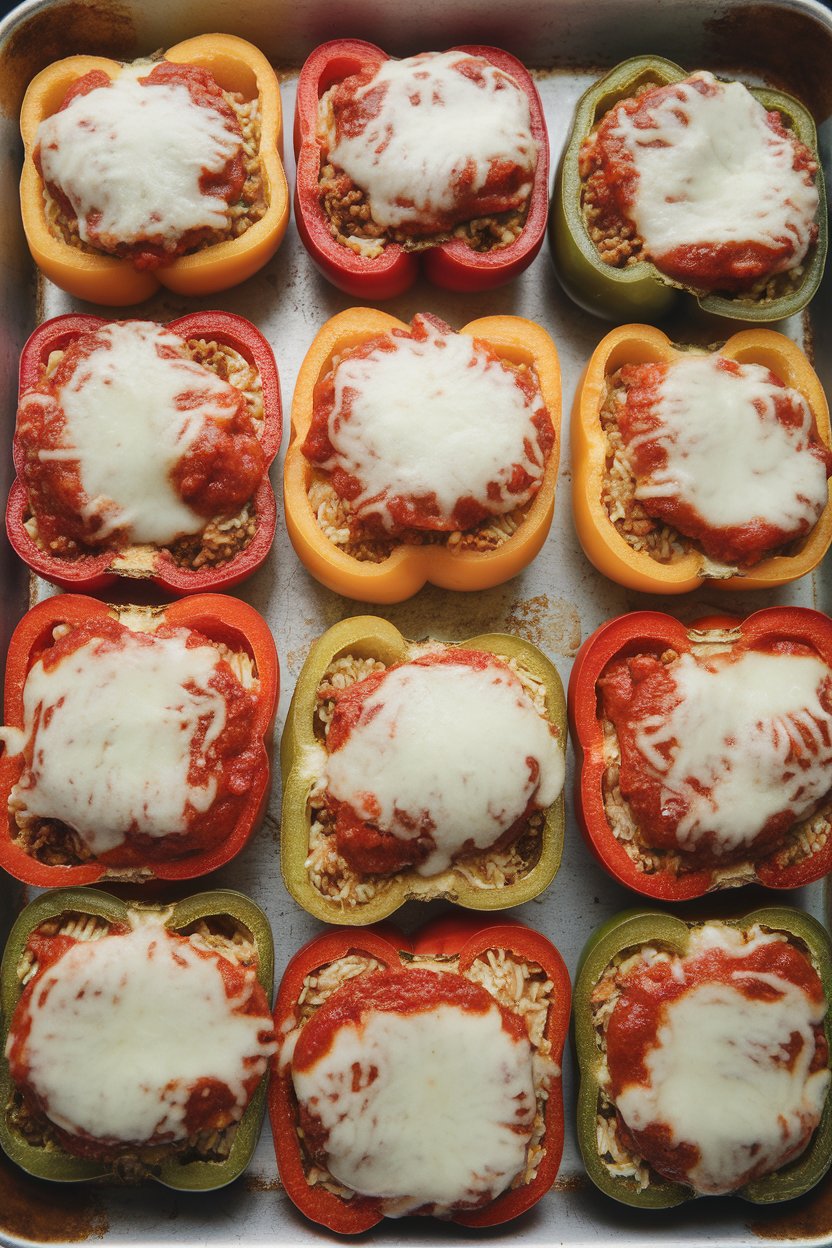 Indoor photo of halved bell peppers filled with ground turkey, rice, and marinara, cheese melted on top, all on a sheet pan. No text or logos.