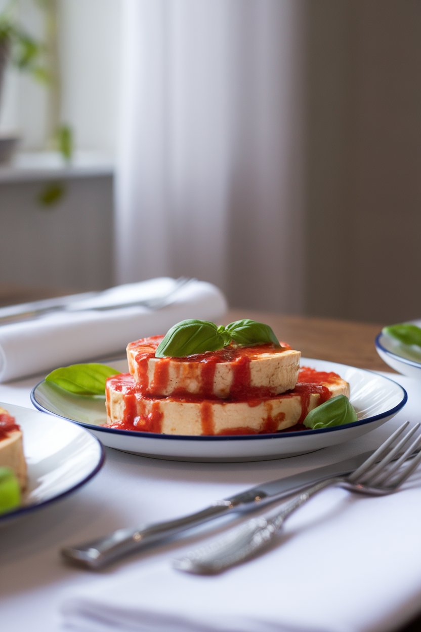 Photo prompt: Indoor dining table with tofu rounds drizzled in a red tomato-basil vinaigrette, basil leaves on top. No text or logos.