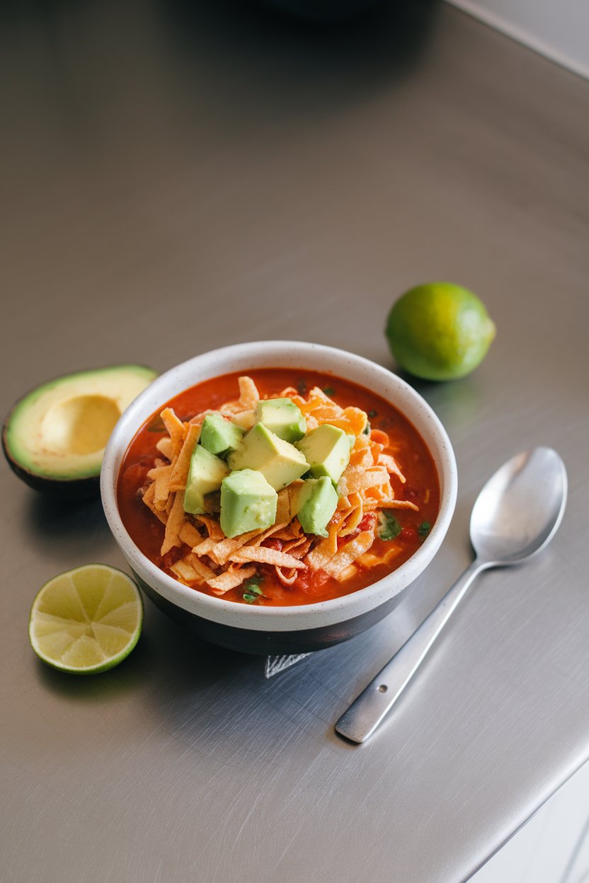 An indoor kitchen counter with a bowl of tortilla soup topped with avocado cubes, crispy tortilla strips, and lime. No logos or text. Photo.