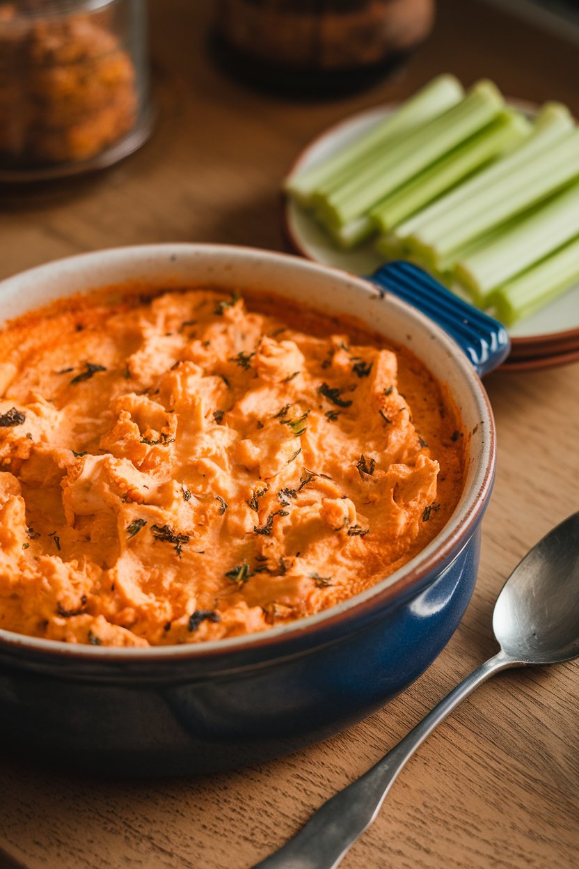 Indoor photo of bubbling buffalo chicken dip in a ceramic dish, a spoon ready for serving, celery sticks on the side; no text or logos