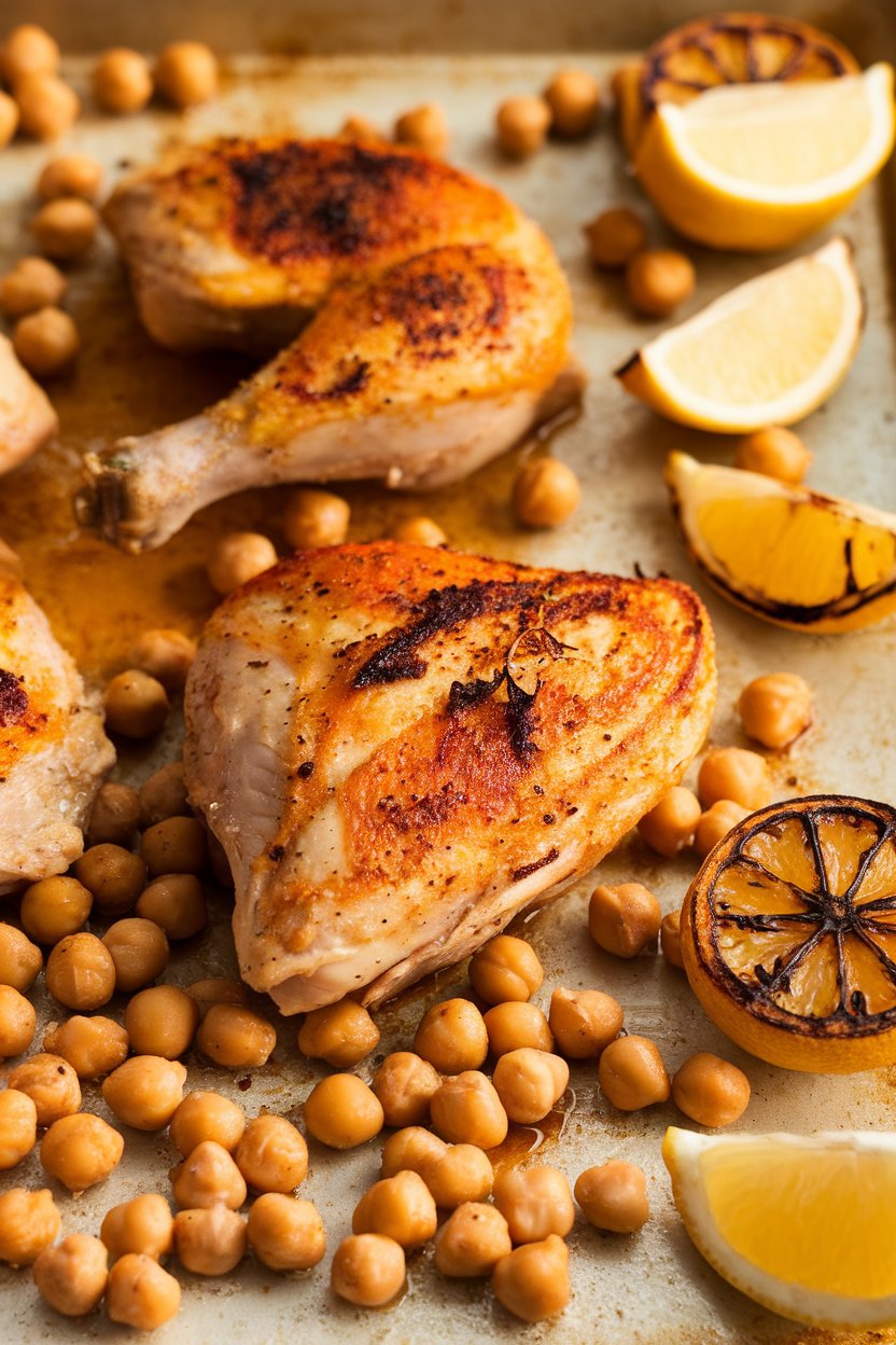 Indoor photo of golden saffron-tinged chicken pieces, roasted chickpeas scattered on the sheet pan, lemon wedges charred. No text or logos.