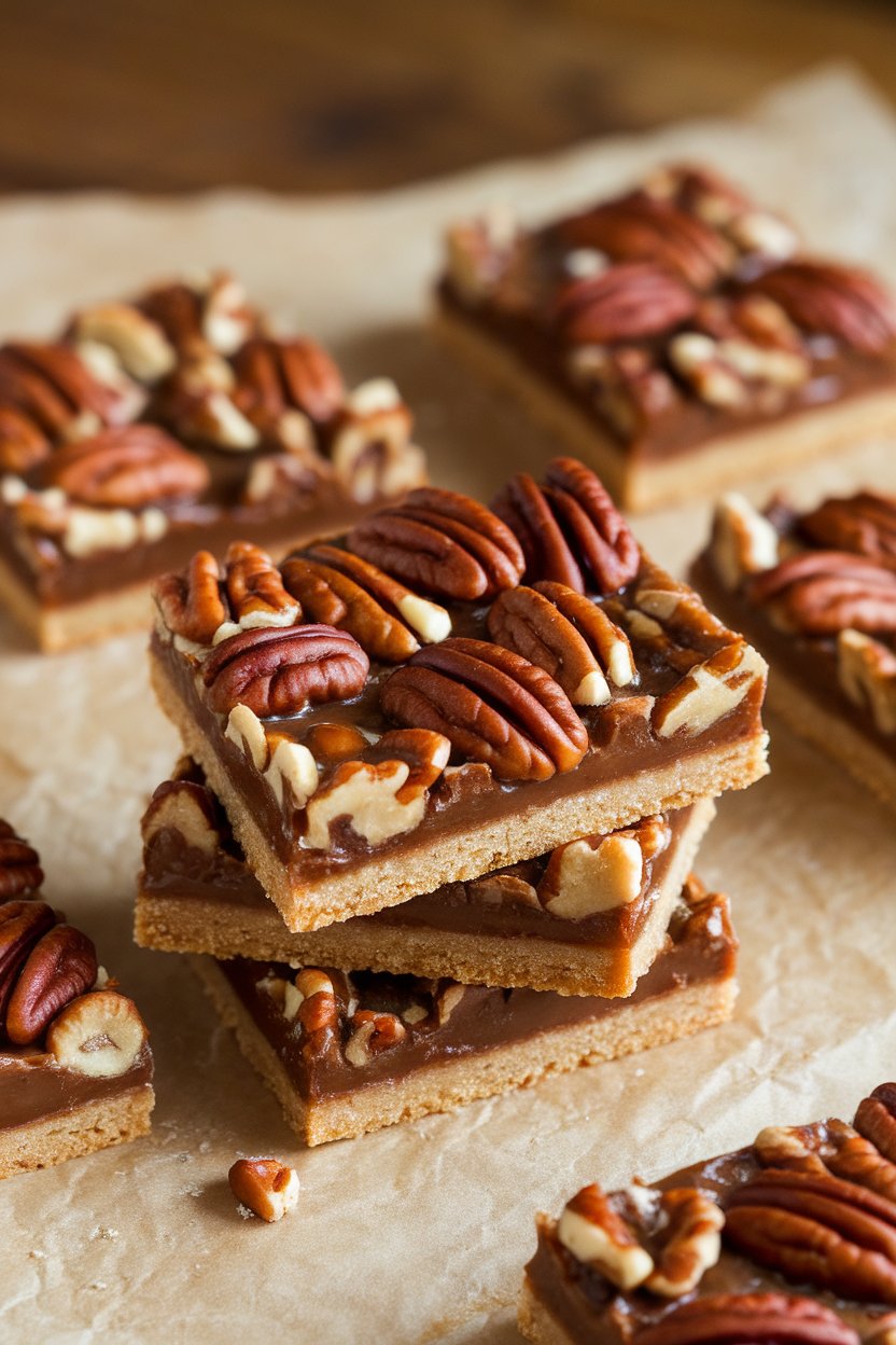 Indoor photo of bar cookies with glossy pecan layer on top of shortbread crust, stacked on parchment. No text or logos.
