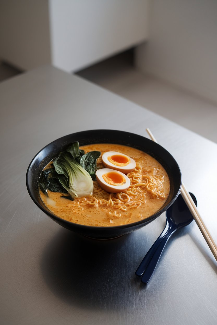 A modern indoor kitchen table featuring a deep bowl of ramen noodles swimming in golden coconut curry broth, topped with bok choy and a soft-boiled egg. No text or logos. Photo, not illustration.