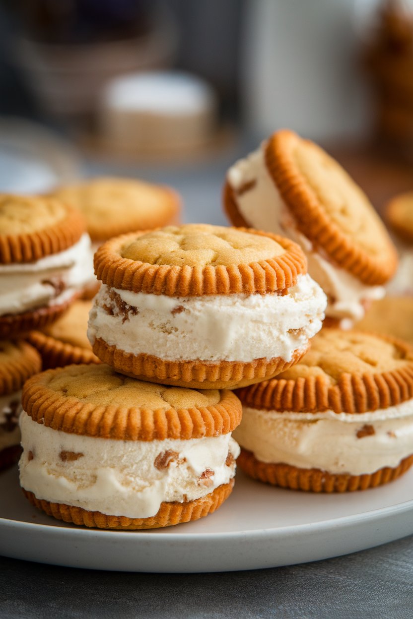 Indoor photo of mini ice cream sandwiches made with king cake cookie rounds and praline ice cream, slightly melting. No text or logos.