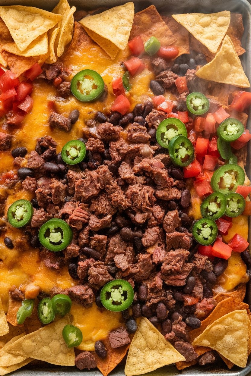 Indoor photo of a sheet pan loaded with tortilla chips, melted cheese, seasoned beef, black beans, jalapeño rings, and diced tomatoes, steam visible. No text or logos.