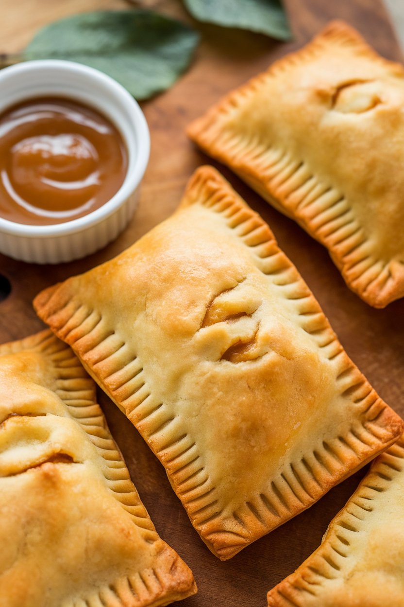 Indoor photo of golden apple hand pies with crimped edges, small bowl of caramel dipping sauce; no text or logos.