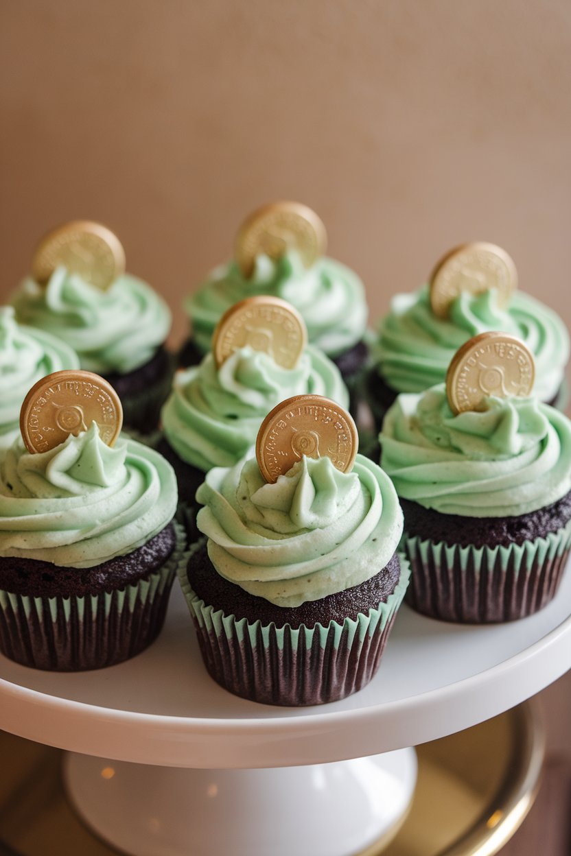 Indoor photo of chocolate cupcakes with mint frosting in green, gold chocolate coin perched, no text or logos