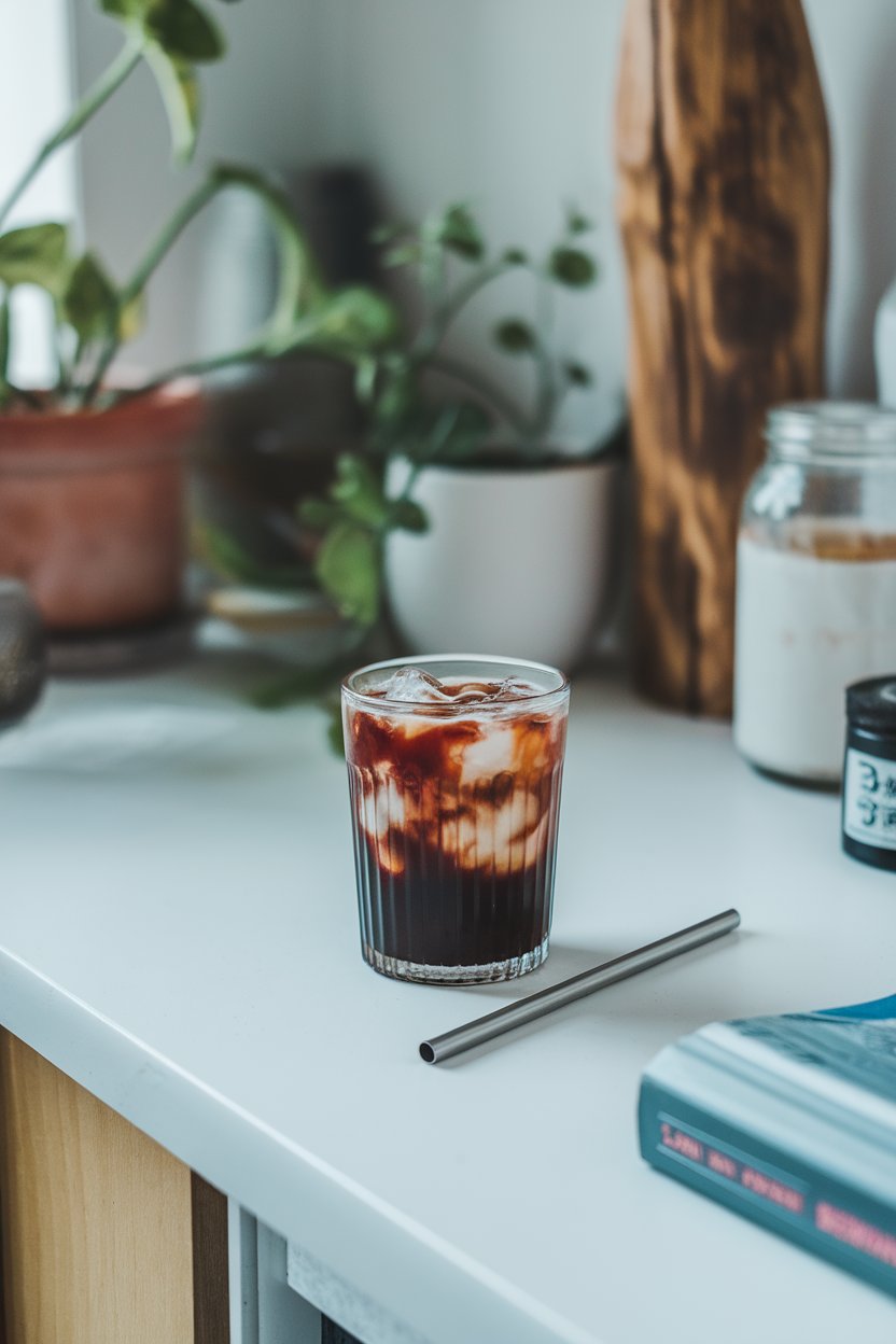 Indoor countertop displaying a glass of dark cold-brew coffee blended with red hibiscus concentrate over ice, metal straw, no logos.