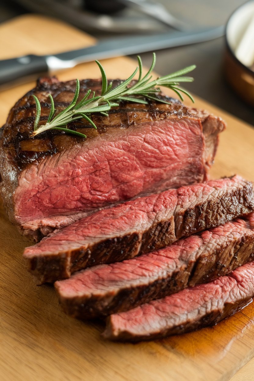 Indoor photo of thick ribeye steak sliced to reveal medium-rare interior, charred crust, sprig of rosemary on top, no text or logos