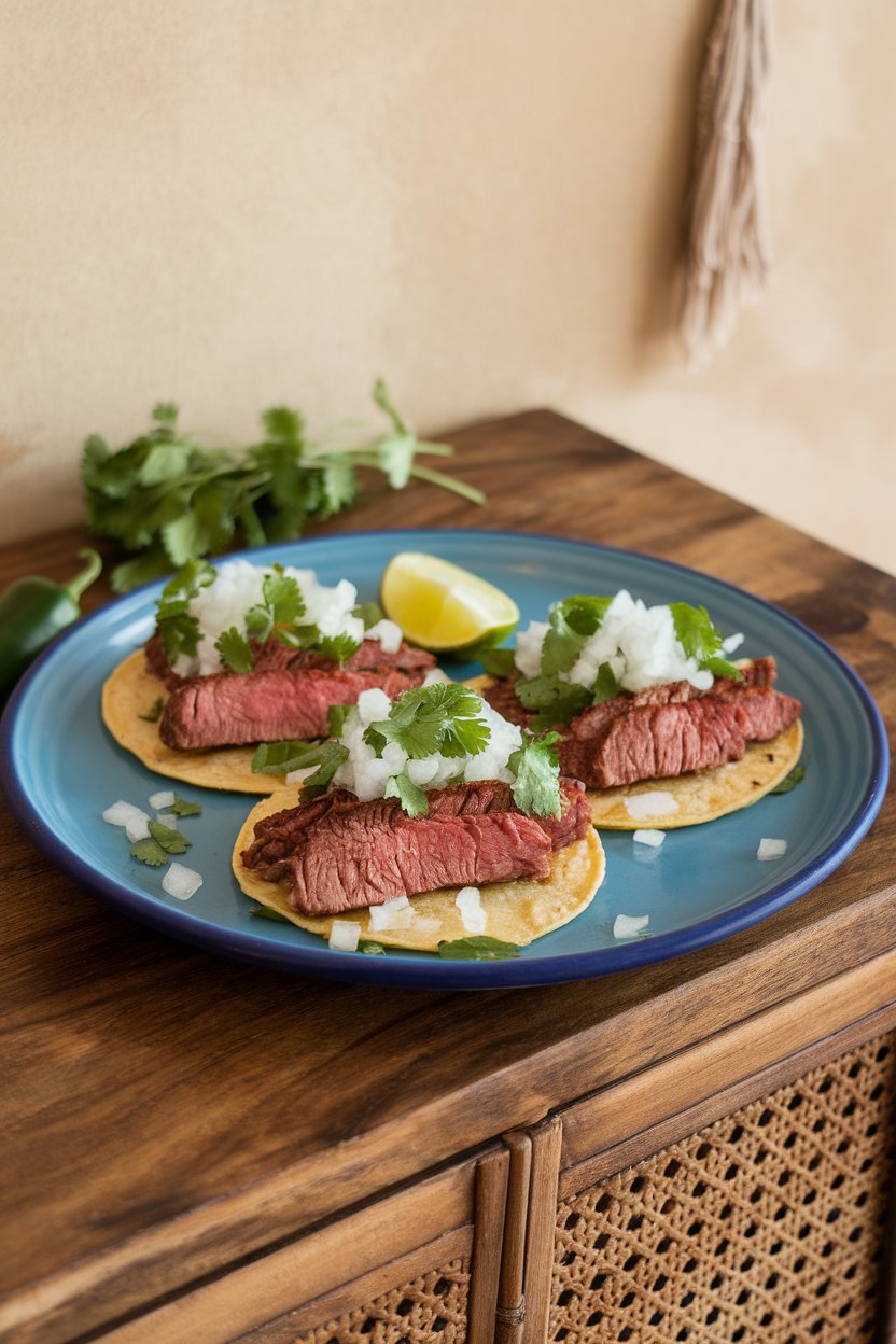 Indoor photo of small corn tortillas topped with carne asada, chopped cilantro, and diced onion; no text or logos.