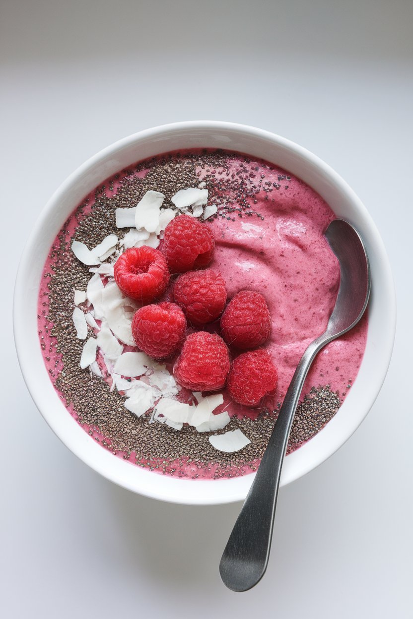 An indoor bowl of vibrant pink smoothie topped with chia seeds, coconut flakes, and fresh raspberries, spoon resting on the edge. No text or logos present. Photo, not illustration.