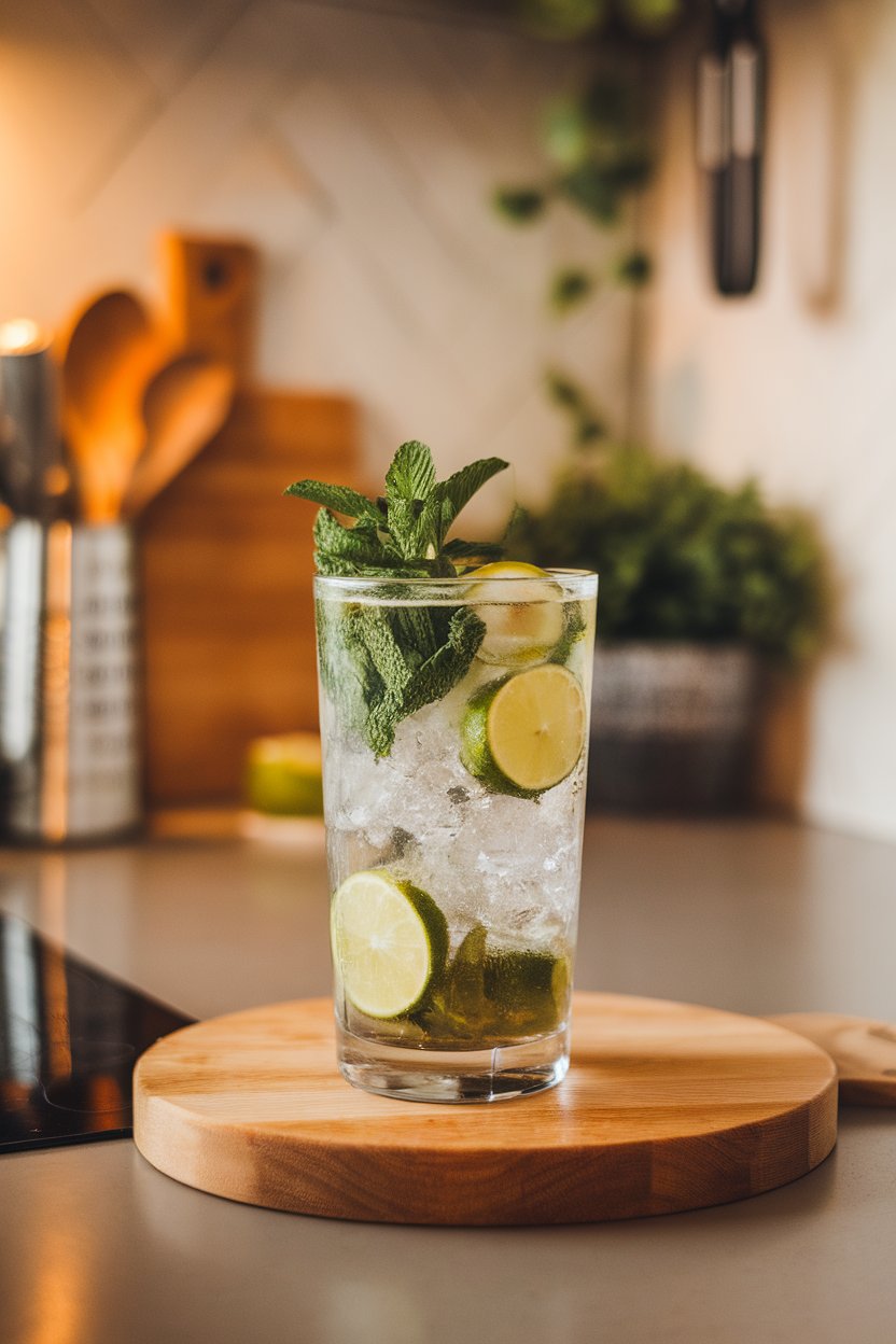 Indoor kitchen counter with a tall glass packed with muddled mint, lime wedges, clear rum, and sparkling water over crushed ice, no text or logos. Photo only.