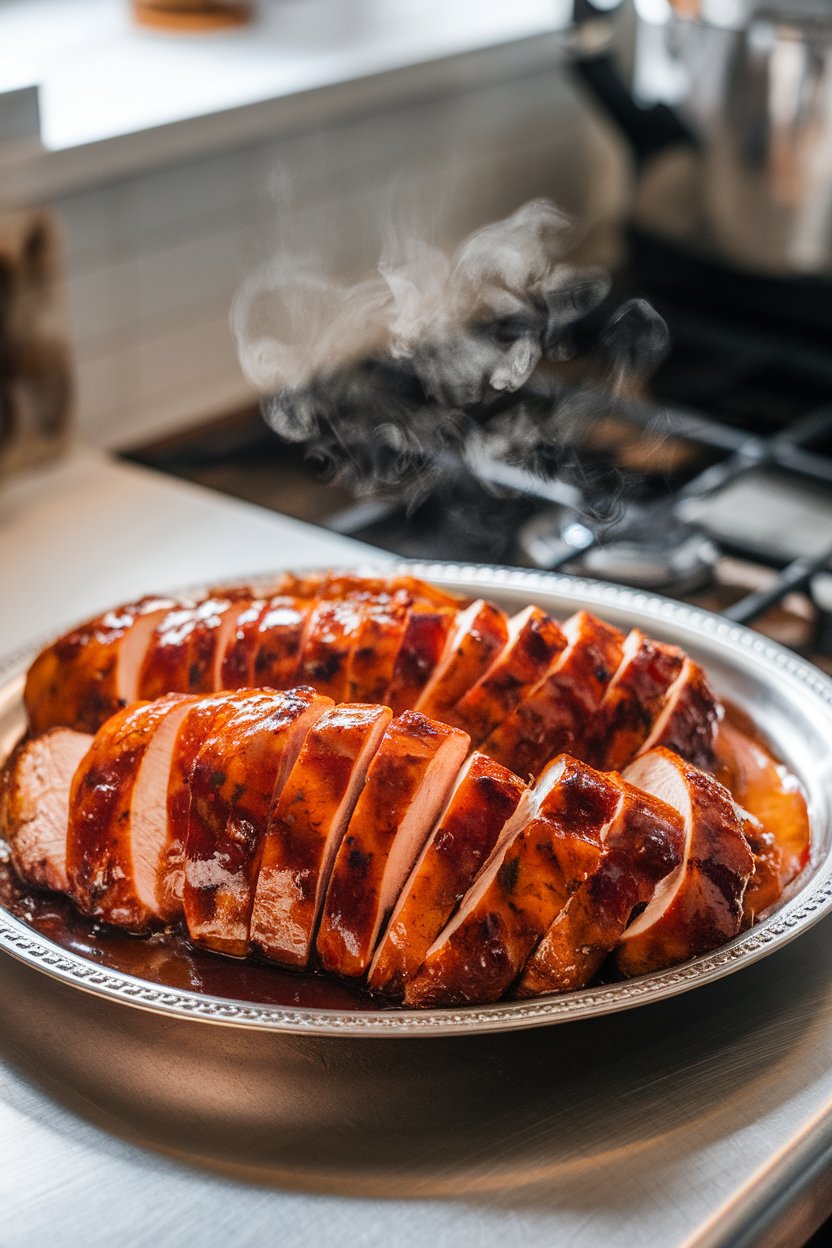 Indoor kitchen counter featuring a platter of sliced chicken breast glazed with a deep mahogany barbecue sauce, steam wafting upward; no text or logos; photo.