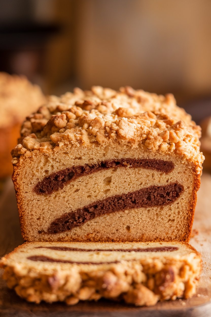 Photo of a streusel-topped loaf with visible ribbon of coffee filling; indoor lighting; no text or logos.