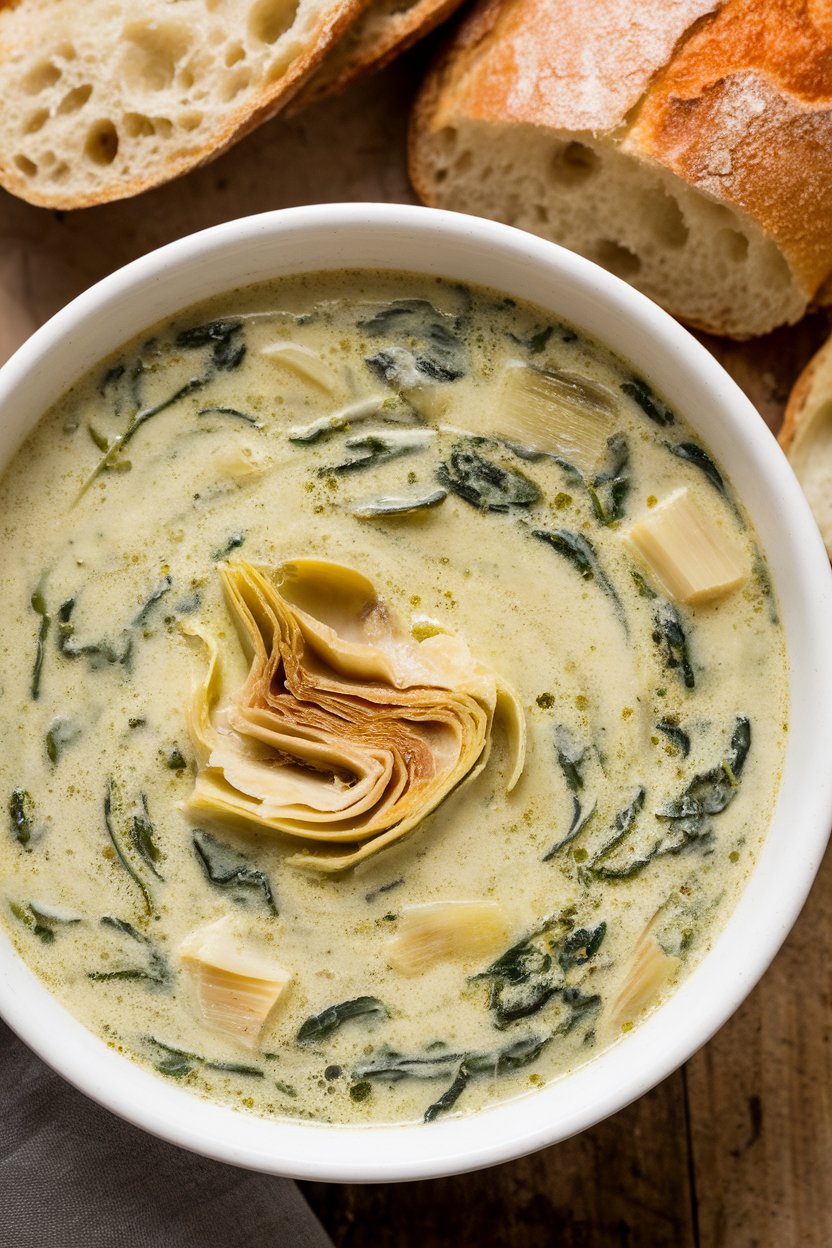 Indoor photo of creamy spinach artichoke soup—green flecks of spinach and chopped artichoke hearts in a light ivory broth. No text or logos. Photo.
