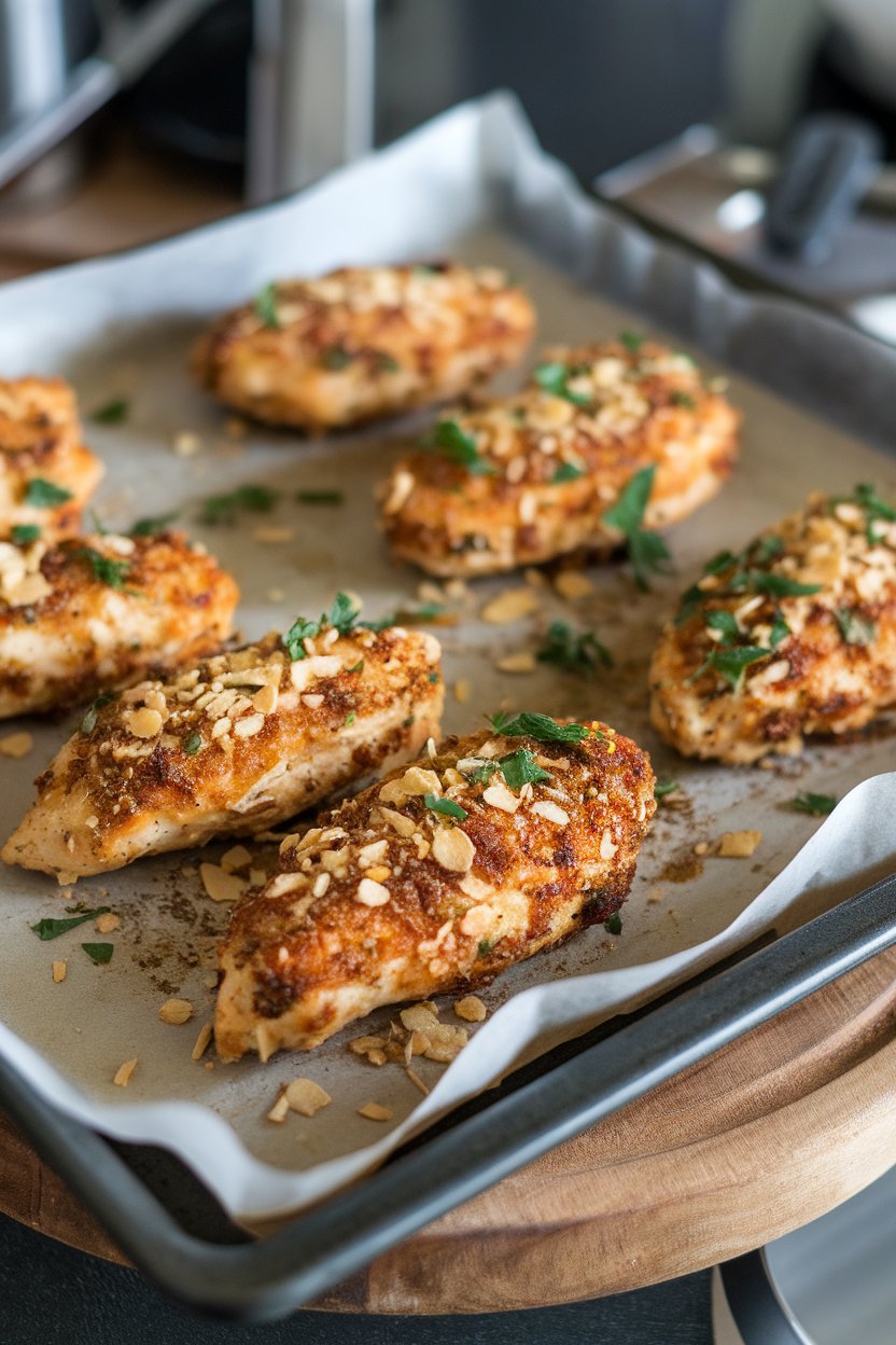 An indoor baking sheet displaying baked chicken tenders coated in crushed almonds and herbs, resting on parchment. No text or logo anywhere.