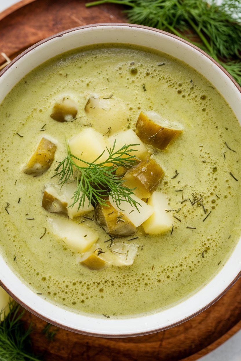 Indoor bowl of creamy dill pickle soup—visible diced pickles, potatoes, and fresh dill garnish. No text or logos. Photo.
