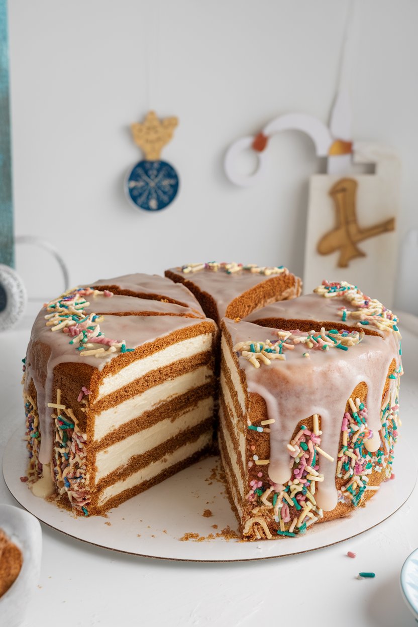 Indoor photo of a sliced king cake revealing a thick cream-cheese ribbon inside, frosting drizzled on top with festive sprinkles. No text or logos visible.