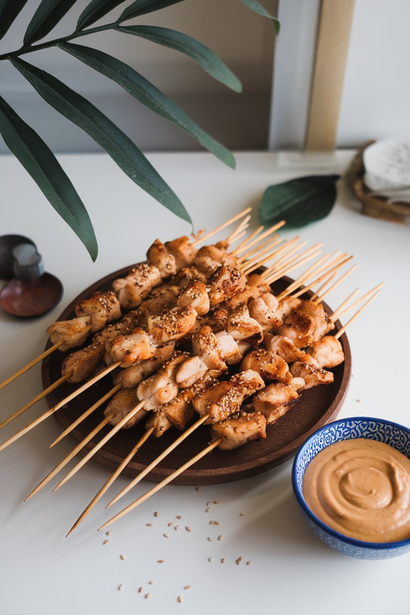 Indoor platter of cooked chicken satay skewers sprinkled with sesame seeds, peanut sauce bowl nearby, no text or logos