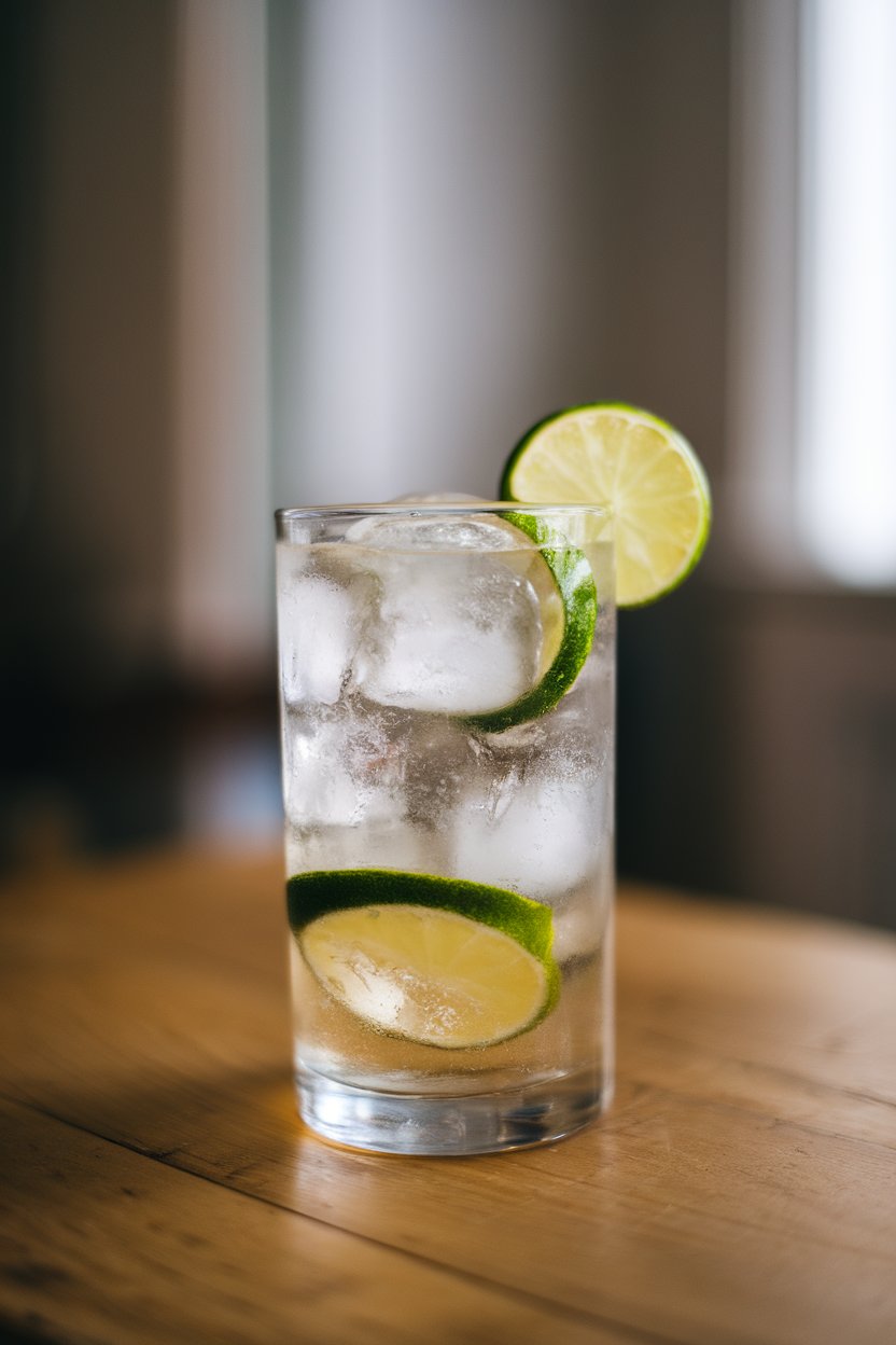Indoor photo of a chilled highball glass filled with fizzy ginger-lime soda, ice cubes clinking, and a fresh lime wheel on the rim. Soft window light, no text or logos in the scene, realistic photo style.